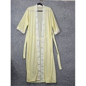 50s Vintage Odette Barsa Robe Womens Small Butter Yellow‎ Sheer Embroidered Long